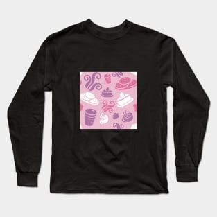 Pink Cafe Vibe Coffee Dessert Sweets Pattern Long Sleeve T-Shirt